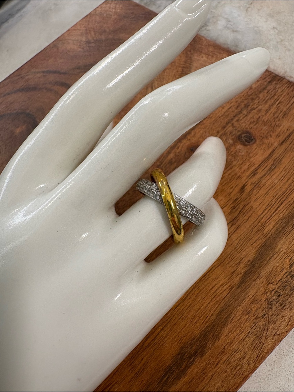 Interlocking Gold and Silver Tone Ring with Pavé Crystals - Size 6.5 - Picture 2 of 13